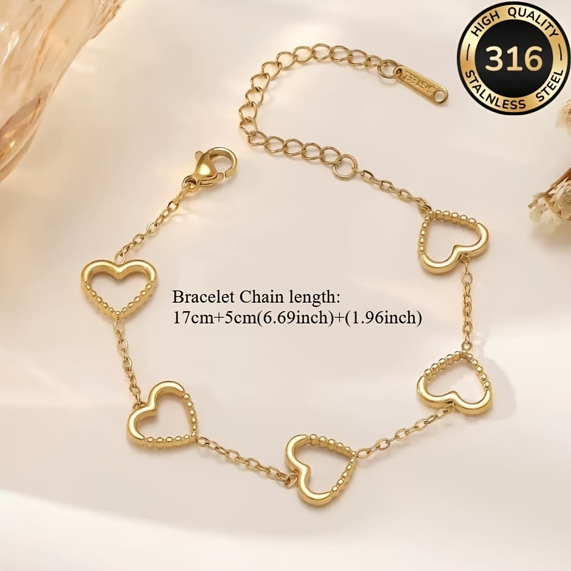 Women's Low Allergy Stainless Steel Double Hollow Heart Bracelet, Elegant Accessory